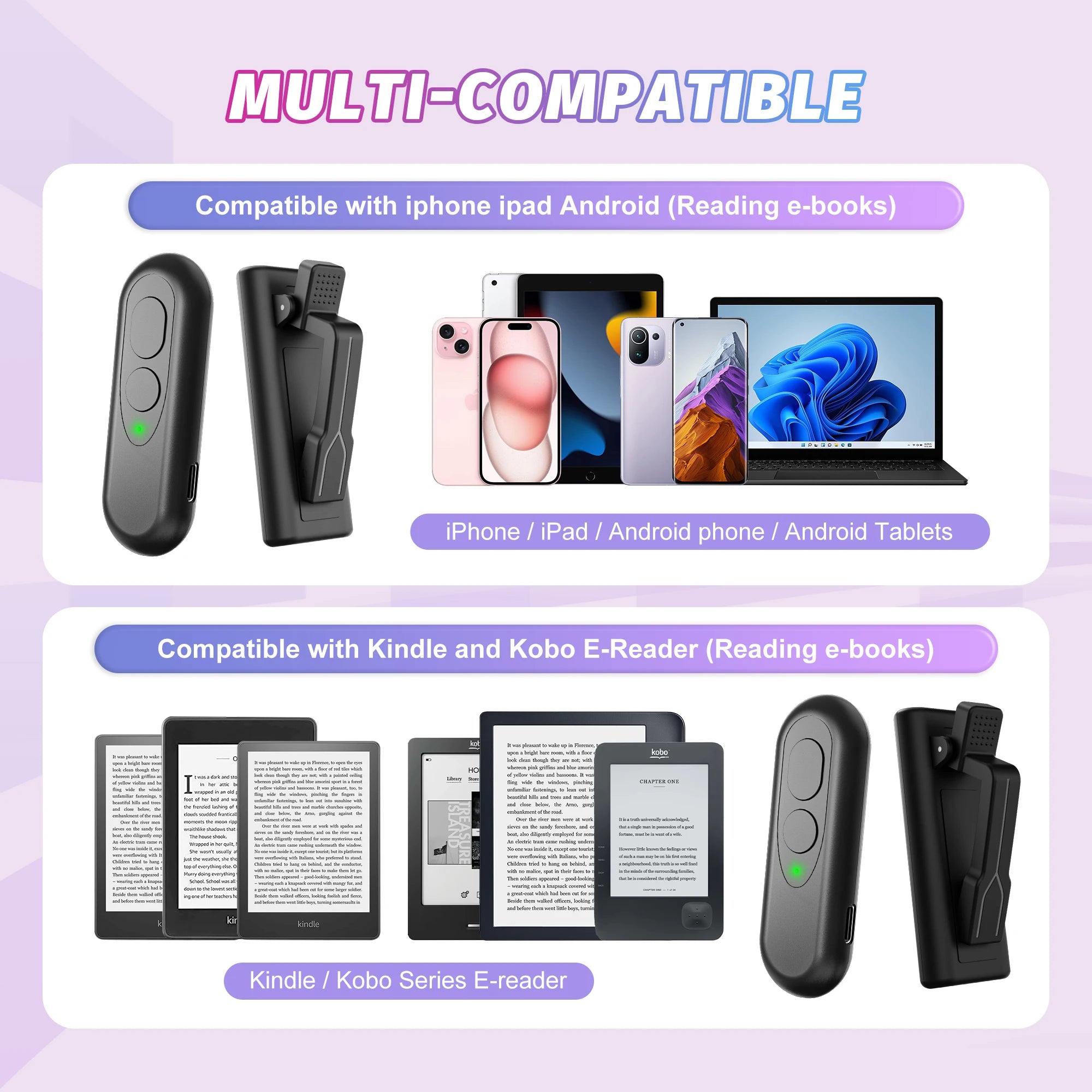 Remote Control Page Turner Phone Camera Record Video Shutter for Kindle EReaders Android Tablet Reading Accessories RF Clicker