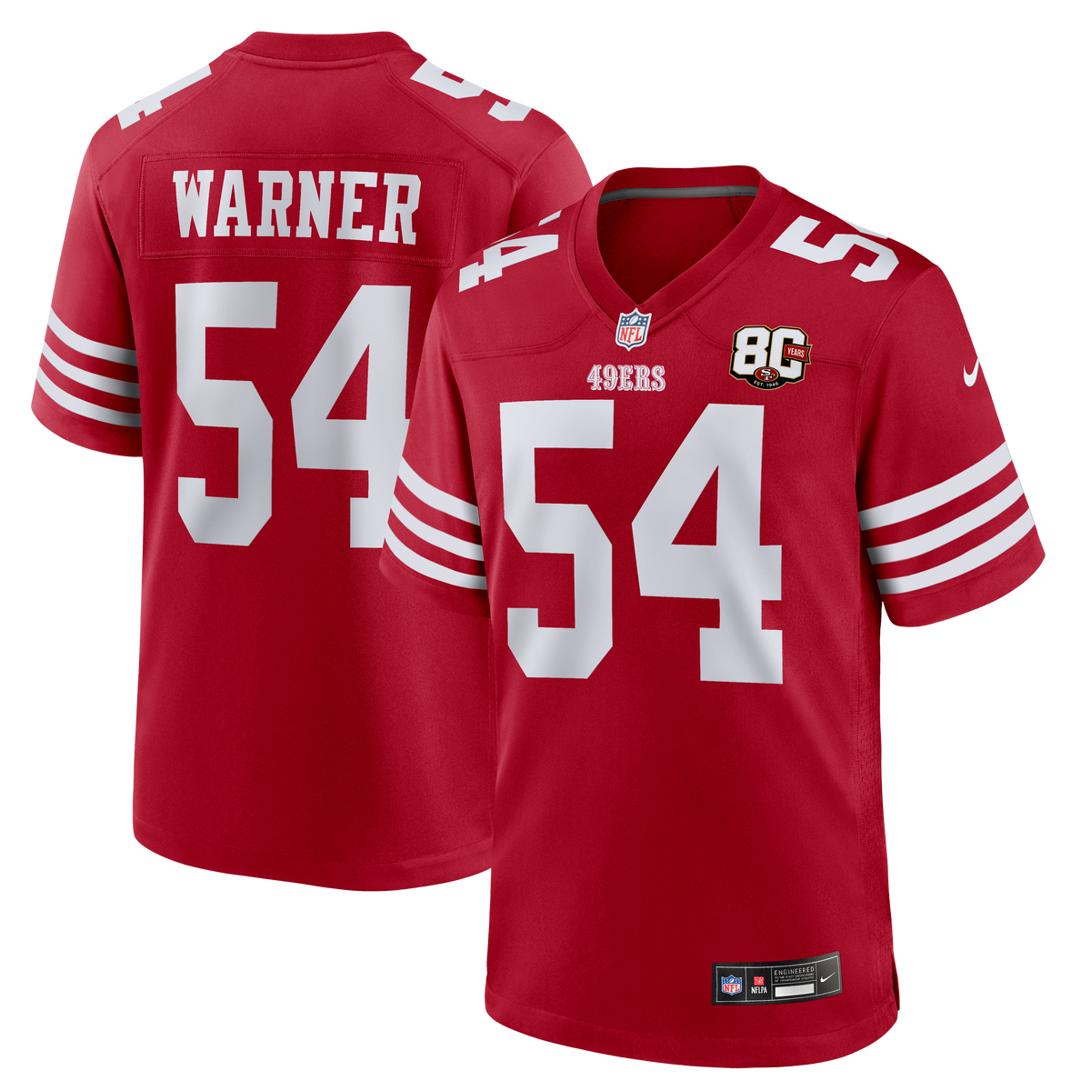 Men's San Francisco 49Ers Fred Warner Nike Scarlet 80Th Anniversary Game Jersey