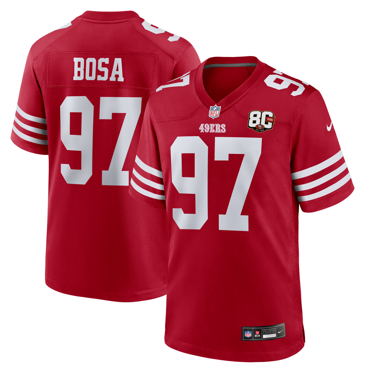 Men's San Francisco 49Ers Nick Bosa Nike Scarlet 80Th Anniversary Game Jersey